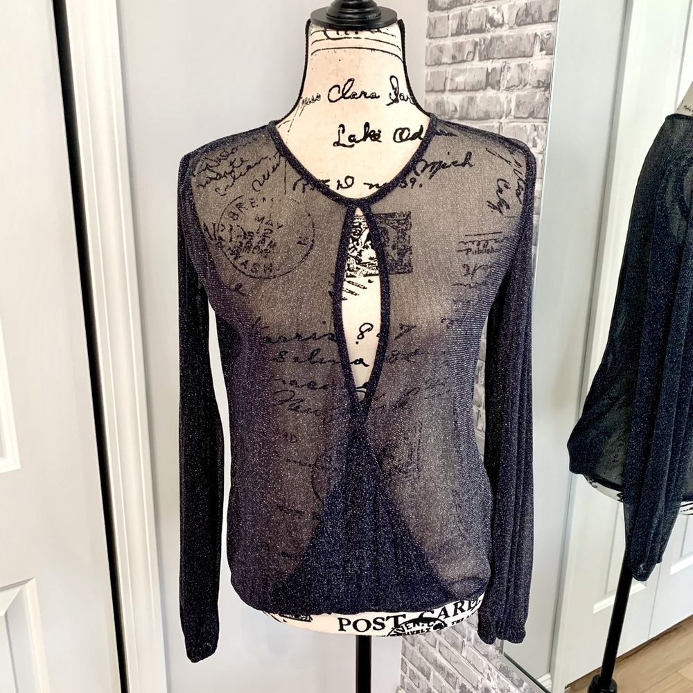 Drape Front Navy and Metallic Silver Blouse